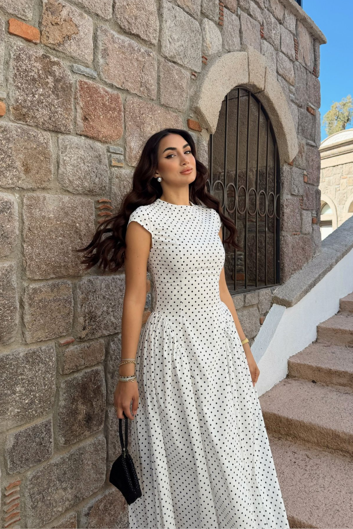 Deniz Puantiye Detay Midi Elbise 221830 BEYAZ