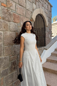 Deniz Puantiye Detay Midi Elbise 221830 BEYAZ
