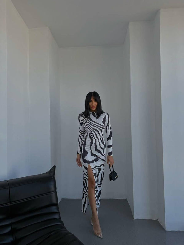 Zebra Desen Yasmin Maxi Elbise 4745 BEYAZ